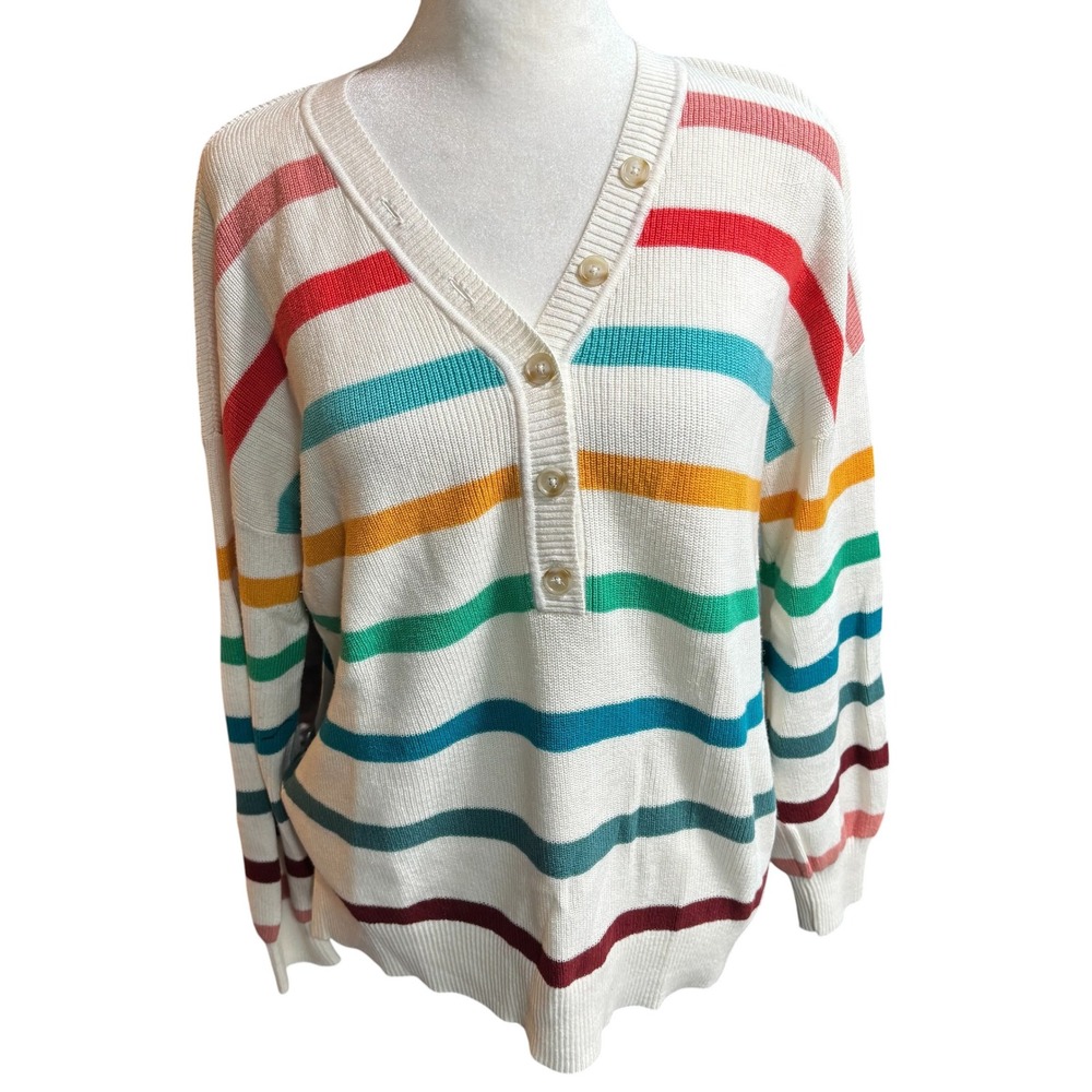 LOFT Petites Rainbow Striped Cotton V-Neck Button Sweater White Multi MP #985